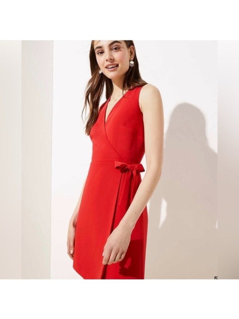 LOFT RED FAUX WRAP DRESS SLEEVELESS WITH BOW 10